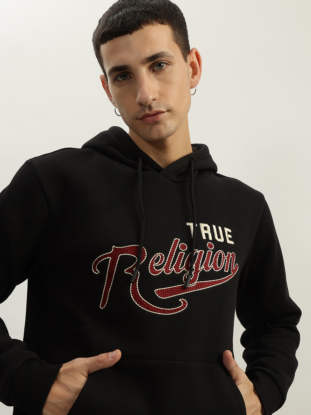 True Religion Men Black Embroidered Hooded Full Sleeves Sweatshirt