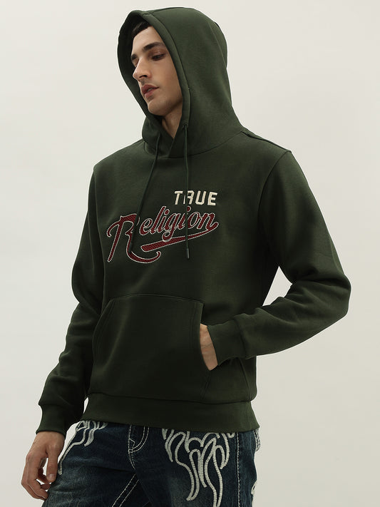 True Religion Men Green Embroidered Hooded Full Sleeves Sweatshirt