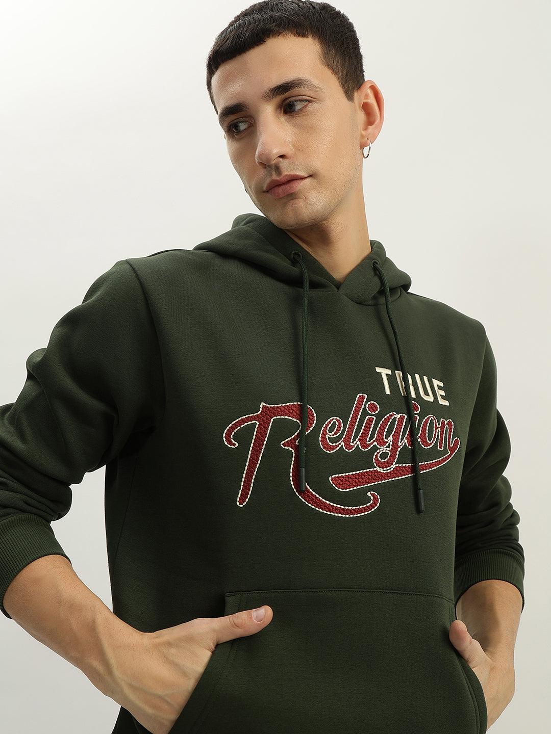 True Religion Men Green Embroidered Hooded Full Sleeves Sweatshirt