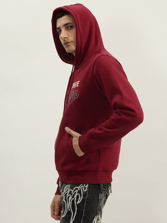 True Religion Men Red Embroidered Hooded Full Sleeves Sweatshirt