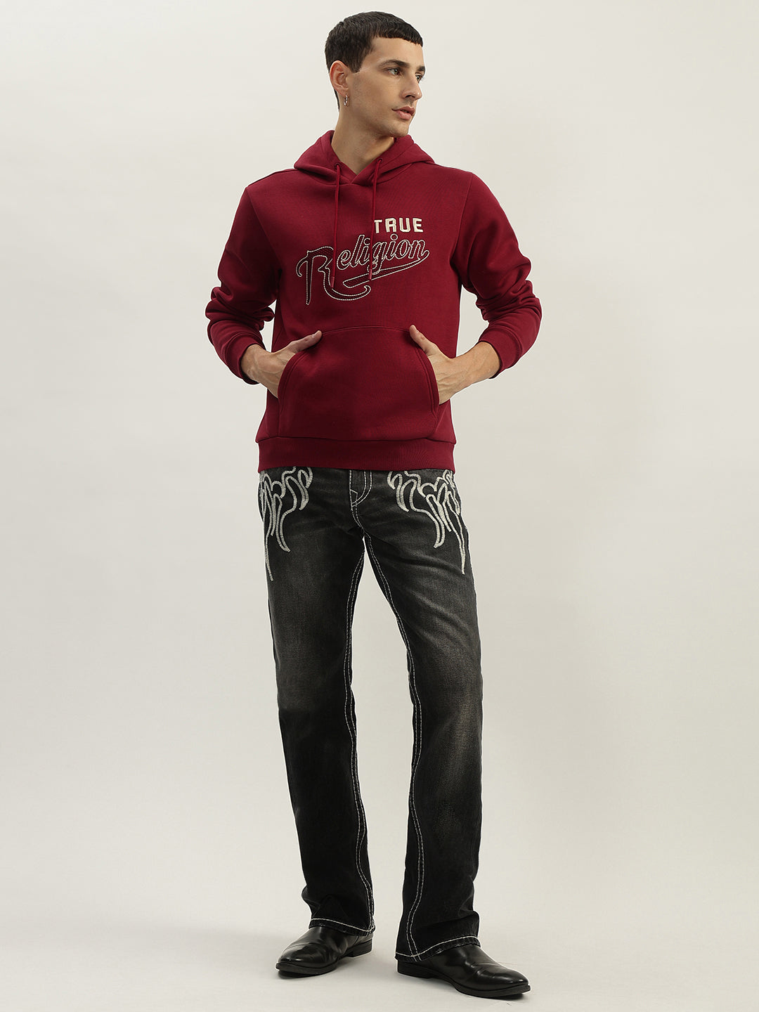 True Religion Men Red Embroidered Hooded Full Sleeves Sweatshirt