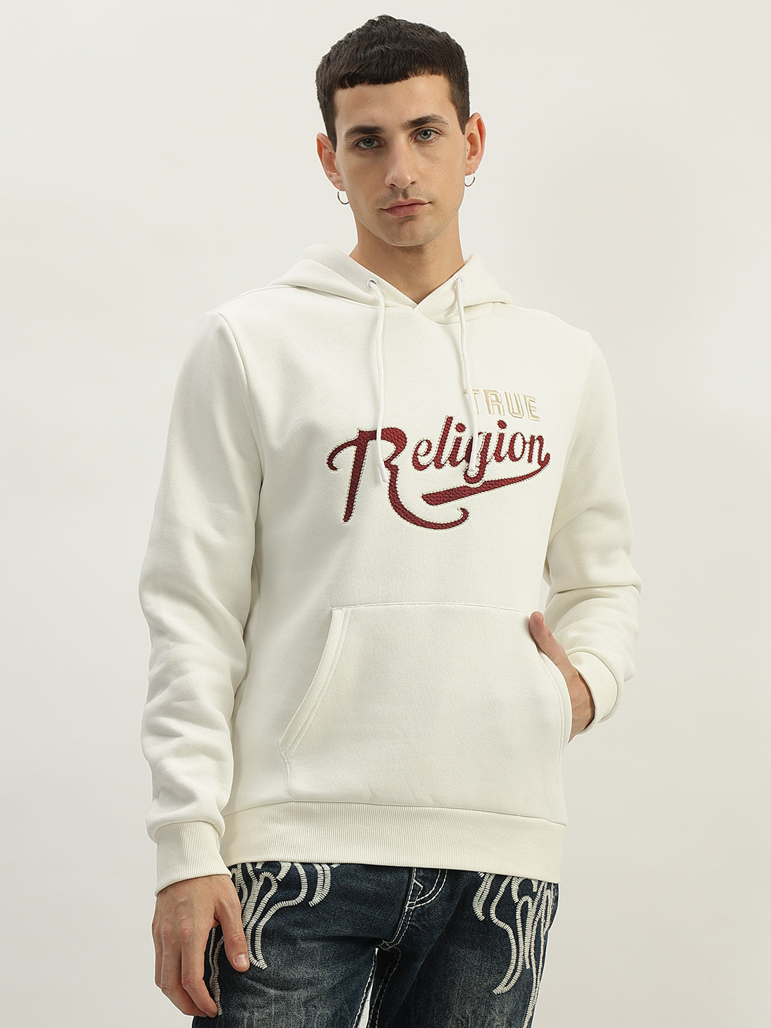 True Religion Men White Embroidered Hooded Full Sleeves Sweatshirt