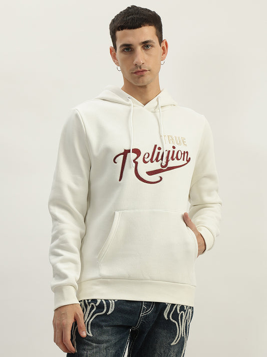 True Religion Men White Embroidered Hooded Full Sleeves Sweatshirt