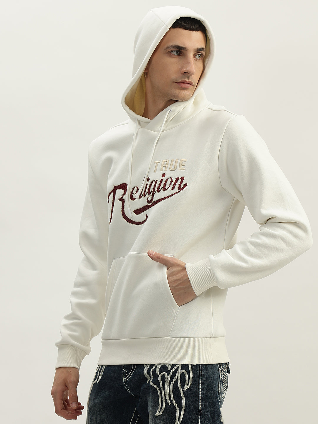 True Religion Men White Embroidered Hooded Full Sleeves Sweatshirt