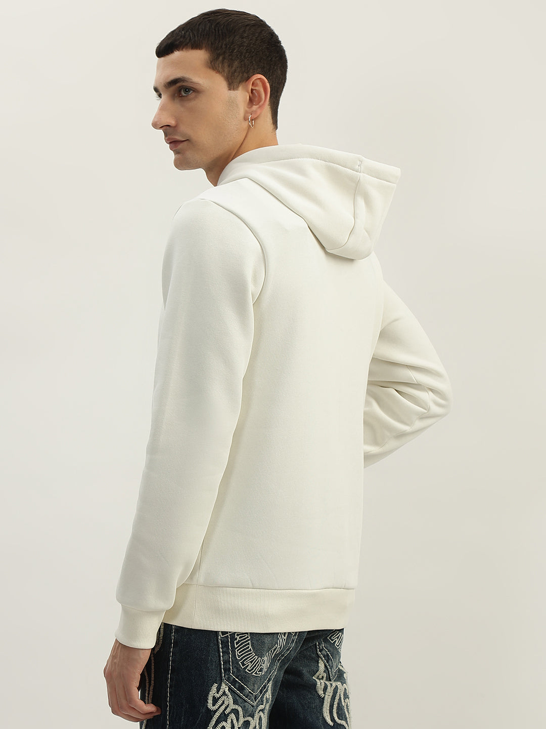 True Religion Men White Embroidered Hooded Full Sleeves Sweatshirt