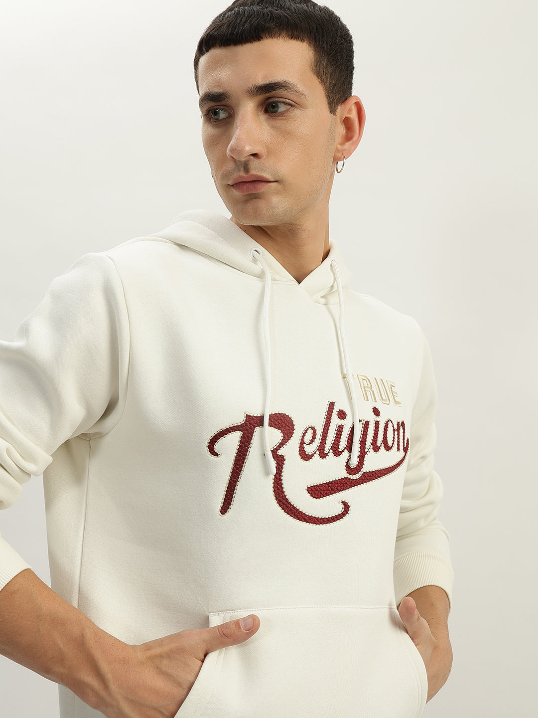 True Religion Men White Embroidered Hooded Full Sleeves Sweatshirt