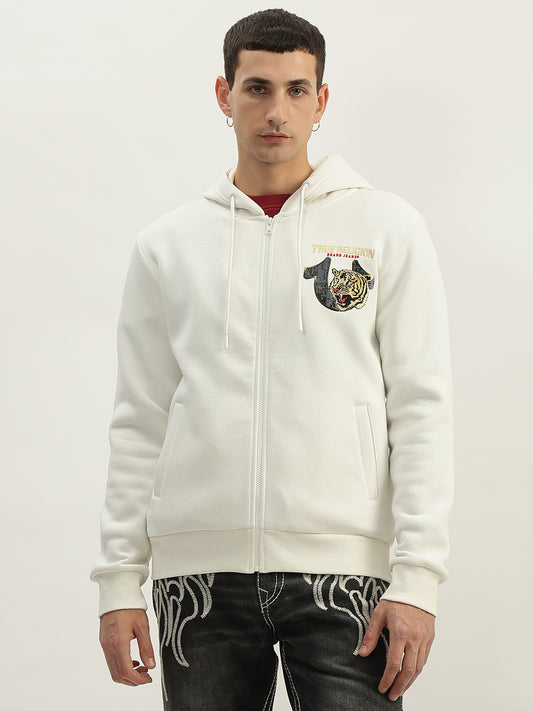 True Religion Men White Solid Hooded Full Sleeves Sweatshirt