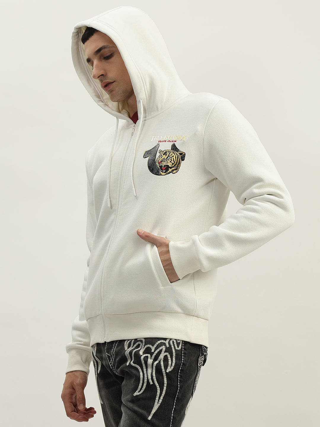 True Religion Men White Solid Hooded Full Sleeves Sweatshirt