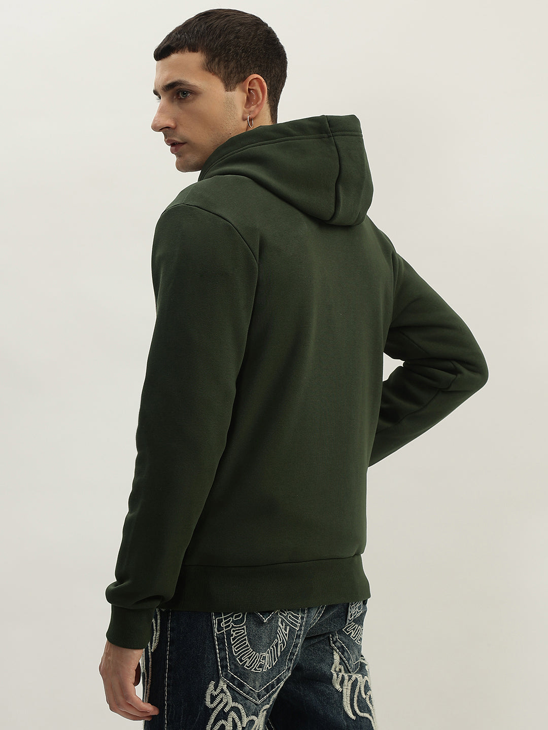 True Religion Men Green Solid Hooded Full Sleeves Sweatshirt