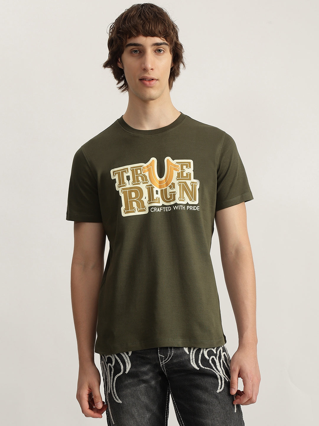 True Religion Men Olive Printed Round Neck Short Sleeves T-Shirt