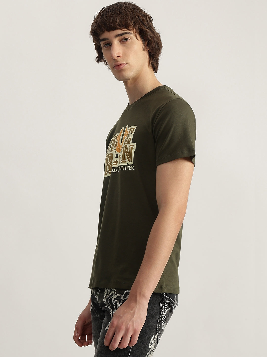 True Religion Men Olive Printed Round Neck Short Sleeves T-Shirt