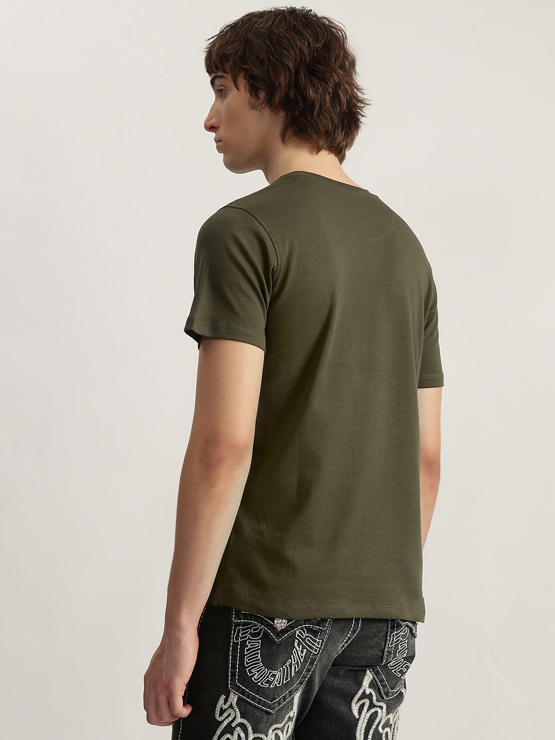 True Religion Men Olive Printed Round Neck Short Sleeves T-Shirt