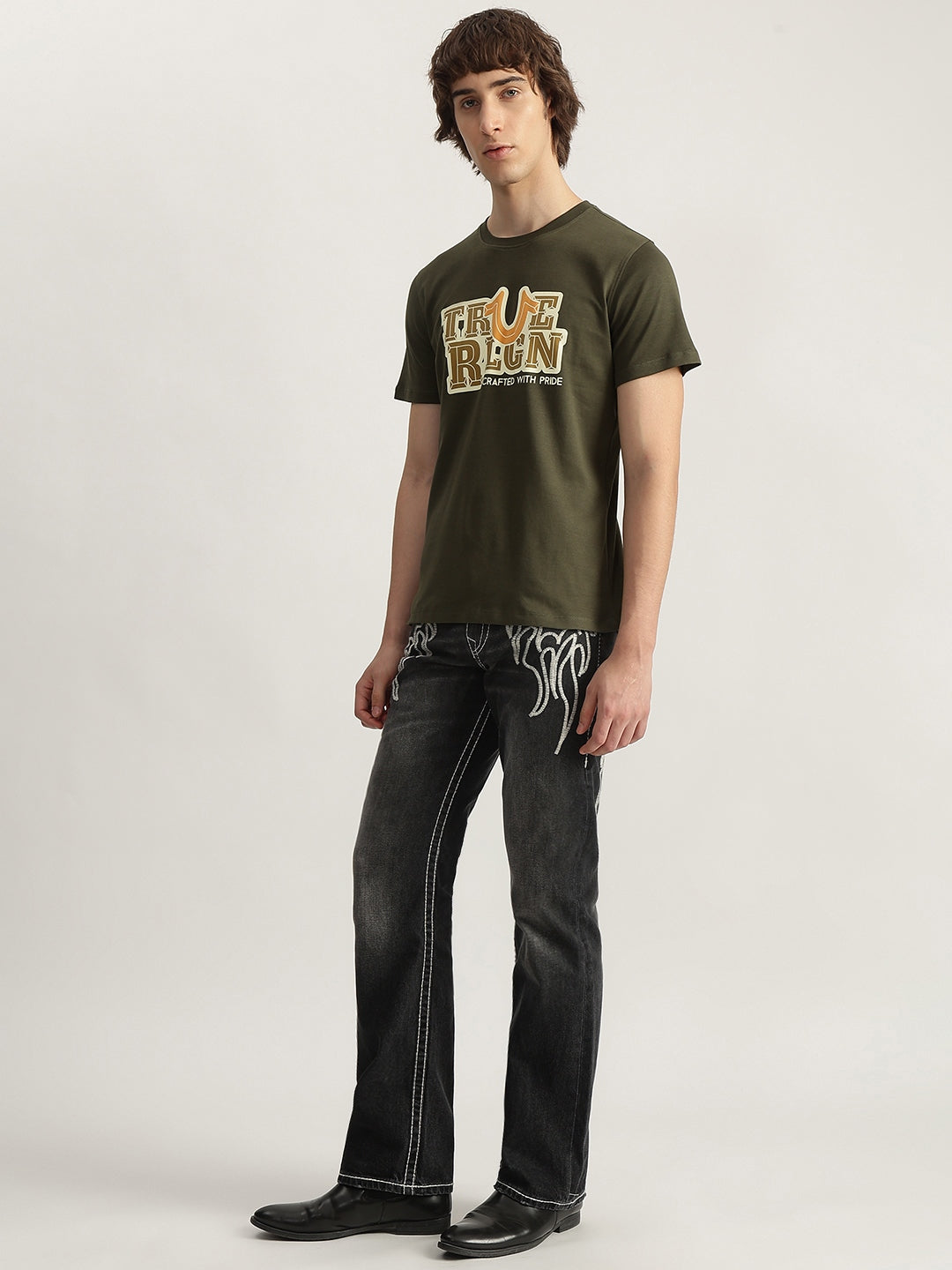 True Religion Men Olive Printed Round Neck Short Sleeves T-Shirt