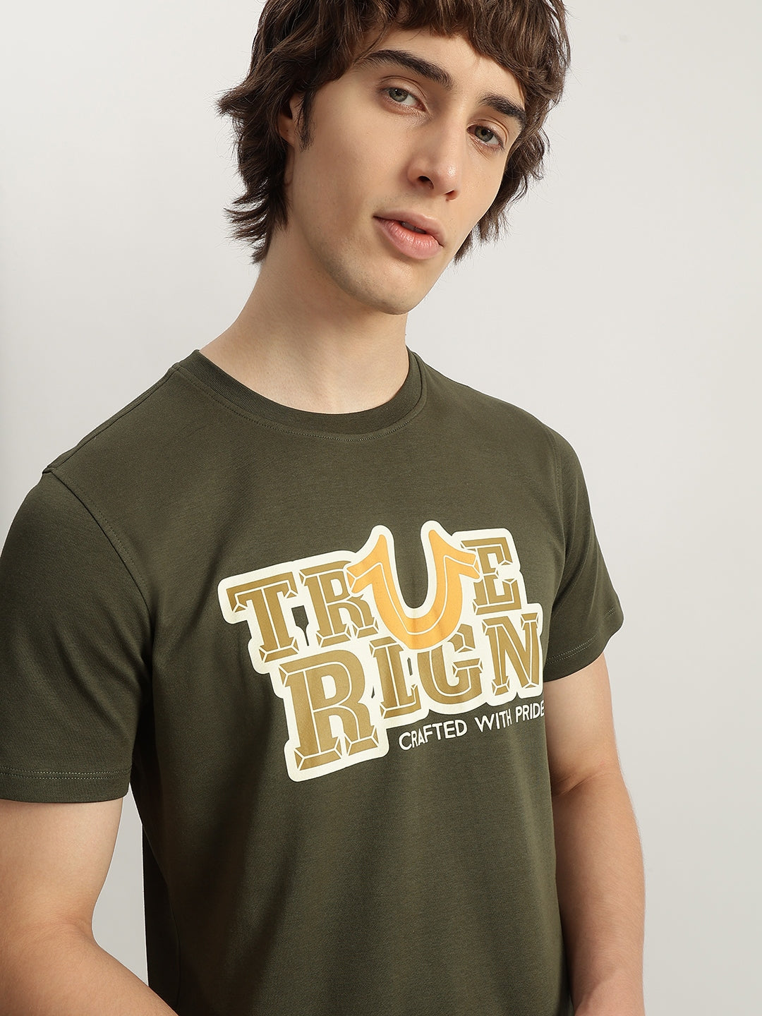 True Religion Men Olive Printed Round Neck Short Sleeves T-Shirt