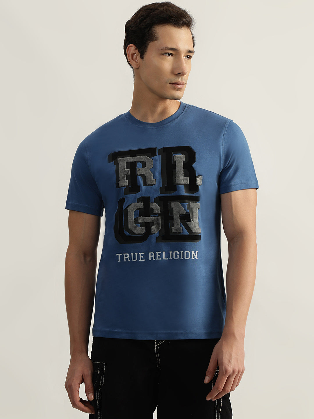 True Religion Men Blue Printed Round Neck Short Sleeves T-Shirt