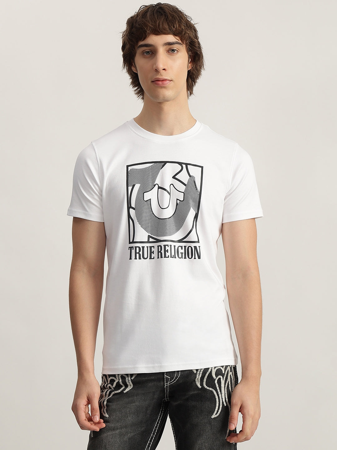 True Religion Men White Printed Round Neck Short Sleeves T-Shirt