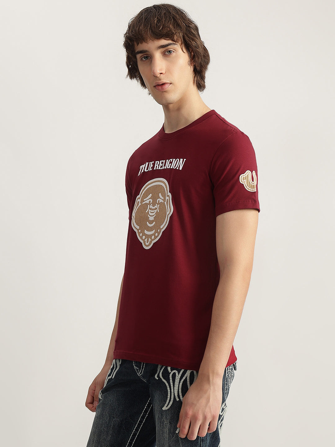 True Religion Men Red Printed Round Neck Short Sleeves T-Shirt