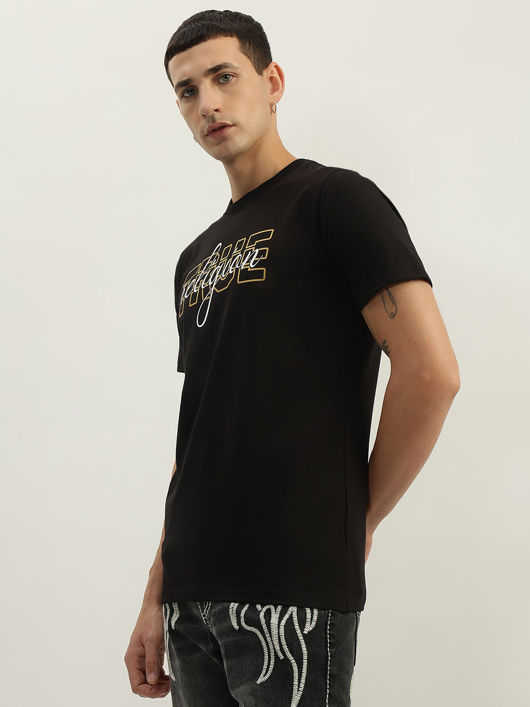 True Religion Men Black Printed Round Neck Short Sleeves T-Shirt