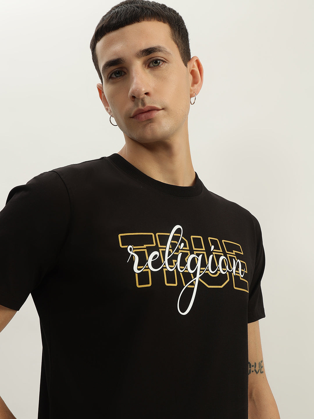 True Religion Men Black Printed Round Neck Short Sleeves T-Shirt