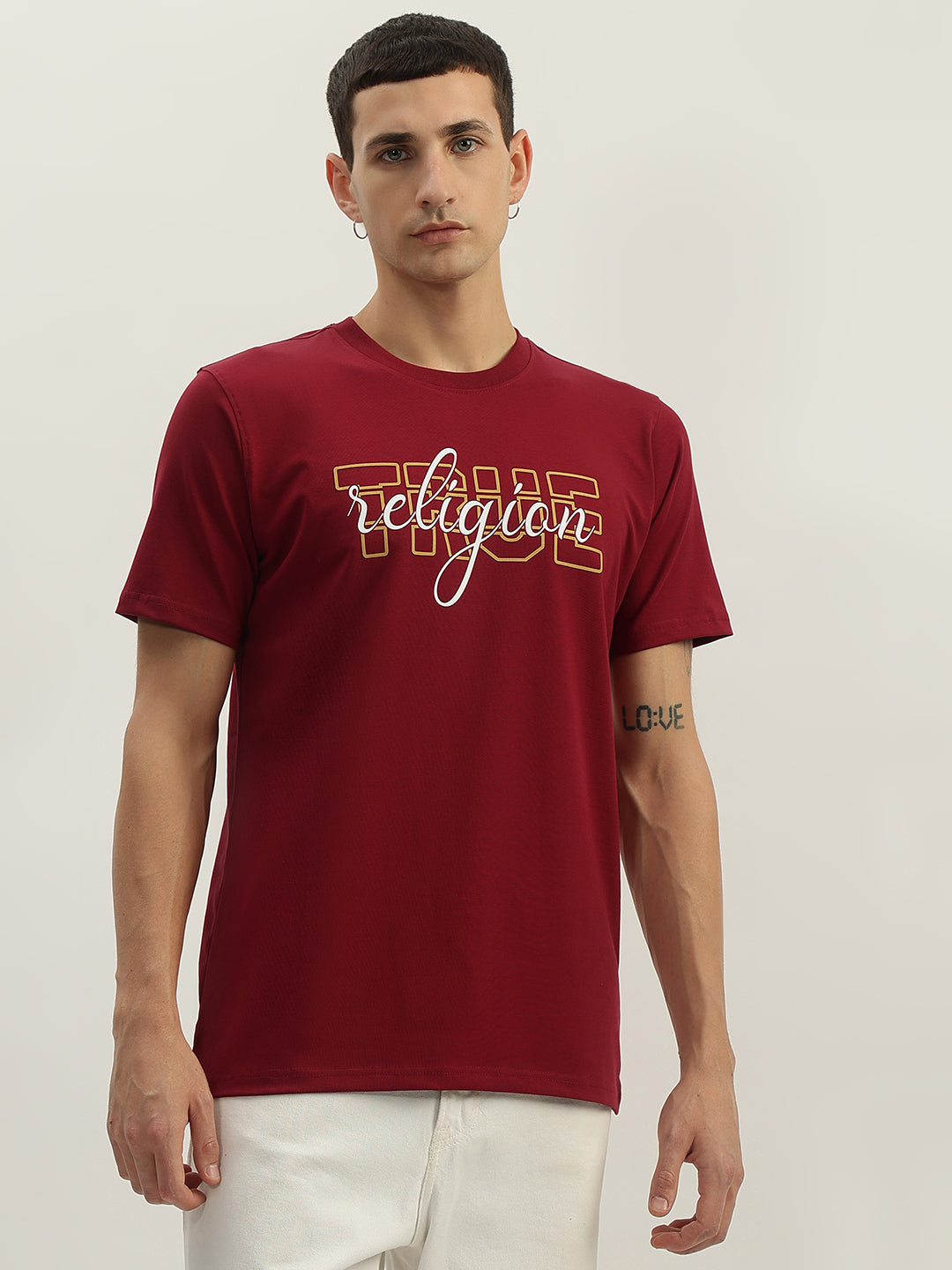 True Religion Men Red Printed Round Neck Short Sleeves T-Shirt