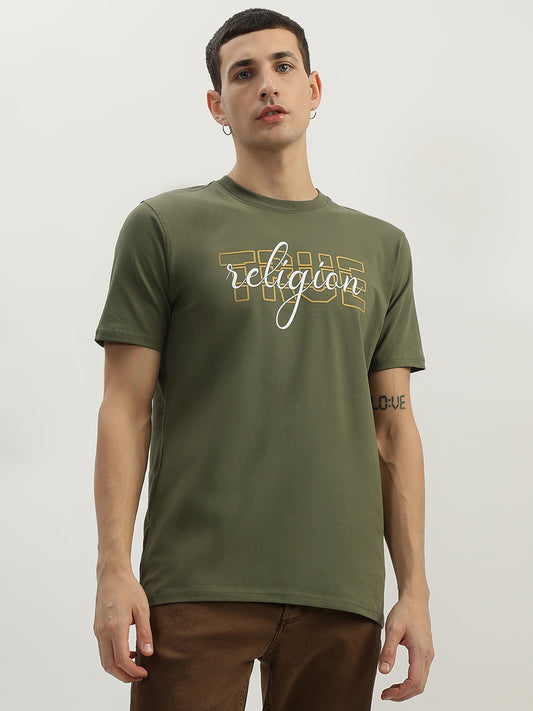 True Religion Men Green Printed Round Neck Short Sleeves T-Shirt