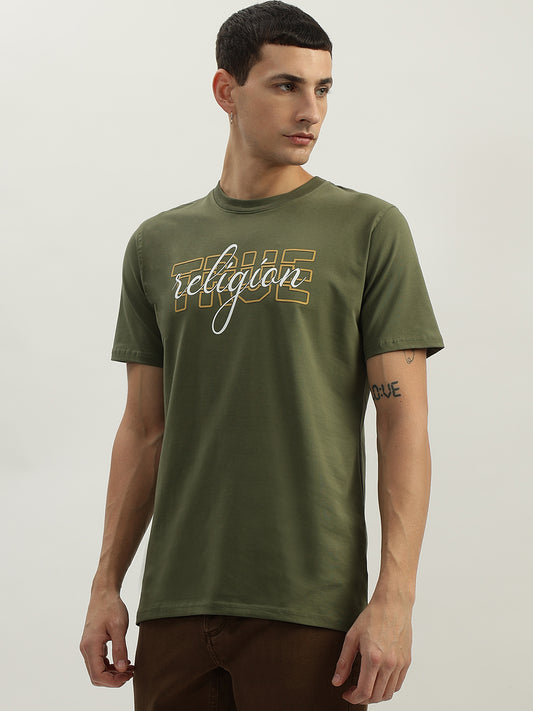 True Religion Men Green Printed Round Neck Short Sleeves T-Shirt