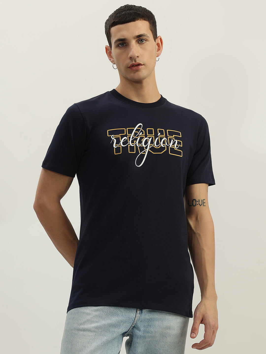 True Religion Men Navy Blue Printed Round Neck Short Sleeves T-Shirt