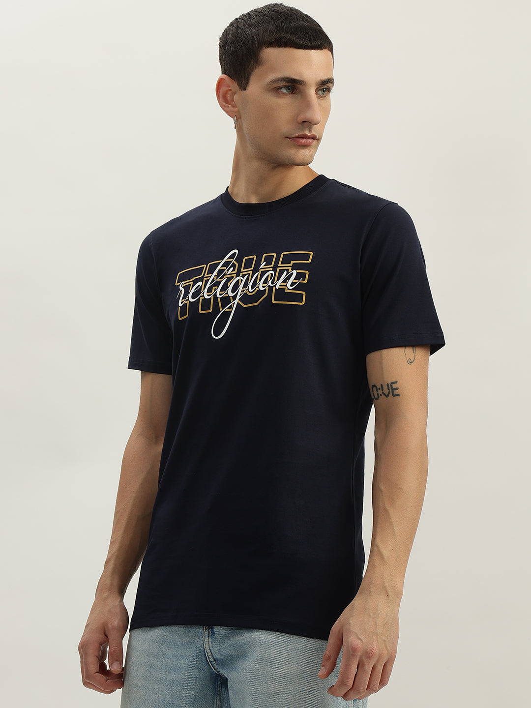 True Religion Men Navy Blue Printed Round Neck Short Sleeves T-Shirt