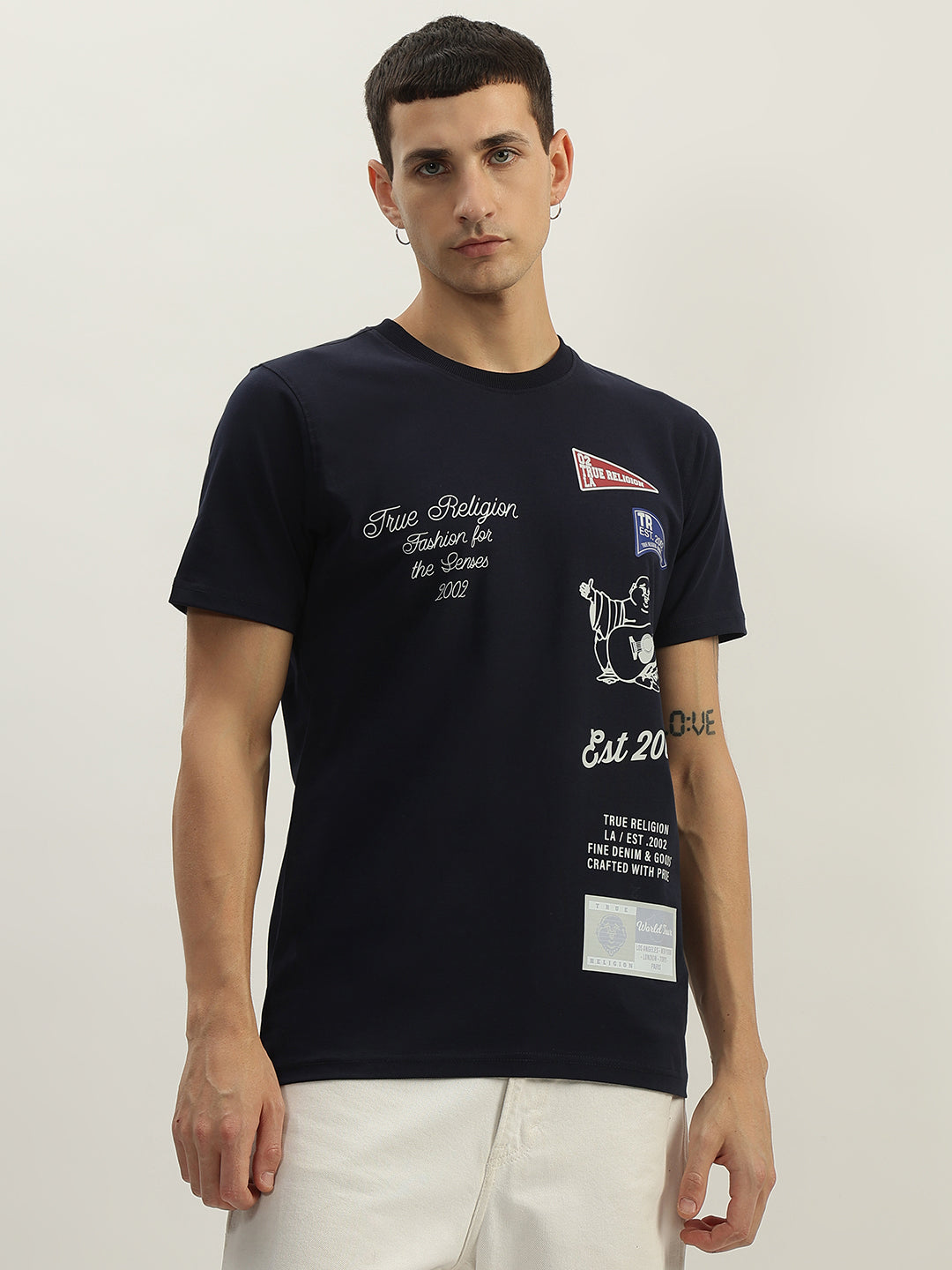 True Religion Men Navy Blue Printed Round Neck Short Sleeves T-Shirt