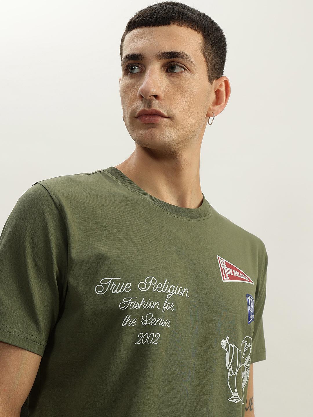 True Religion Men Green Printed Round Neck Short Sleeves T-Shirt