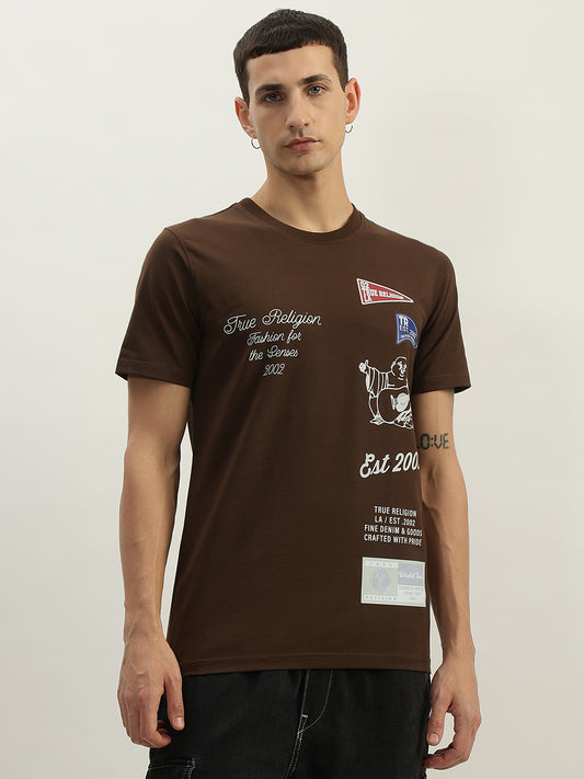 True Religion Men Brown Printed Round Neck Short Sleeves T-Shirt