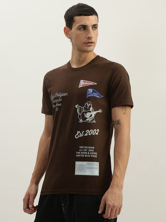 True Religion Men Brown Printed Round Neck Short Sleeves T-Shirt