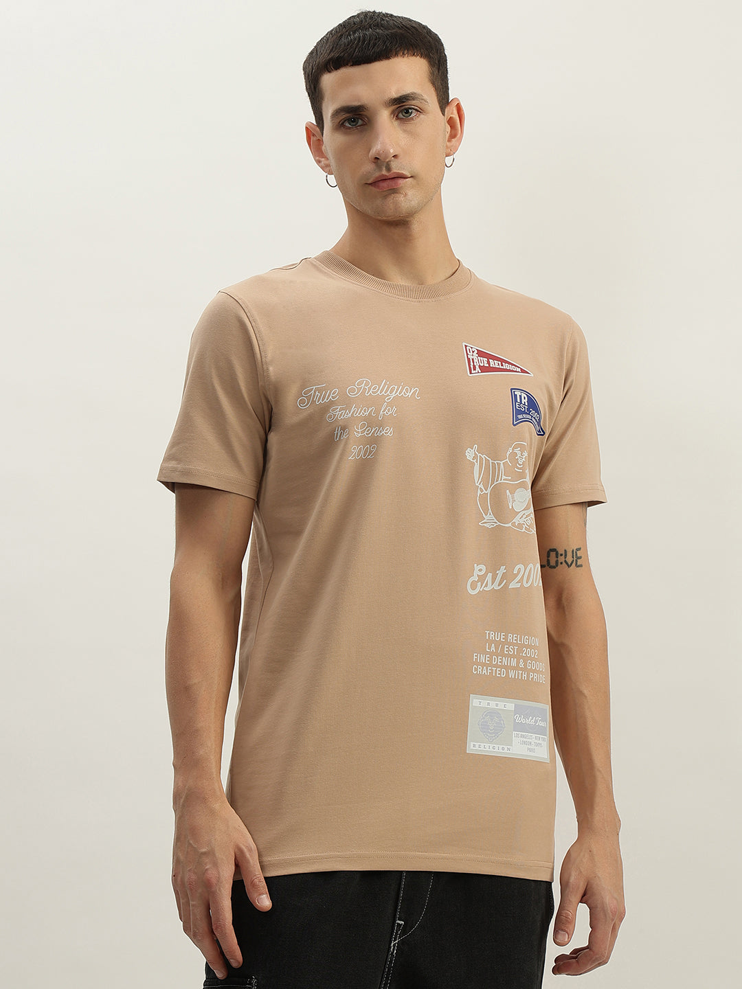 True Religion Men Beige Printed Round Neck Short Sleeves T-Shirt