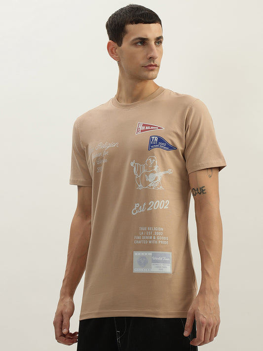 True Religion Men Beige Printed Round Neck Short Sleeves T-Shirt