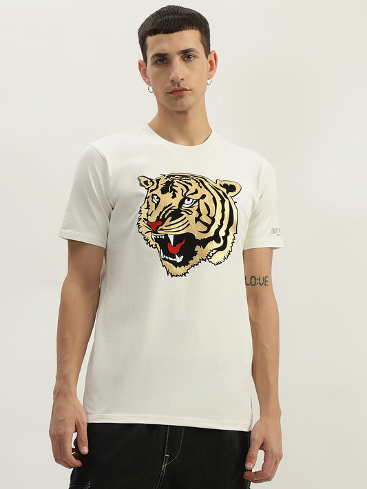 True Religion Men White Printed Round Neck Short Sleeves T-Shirt