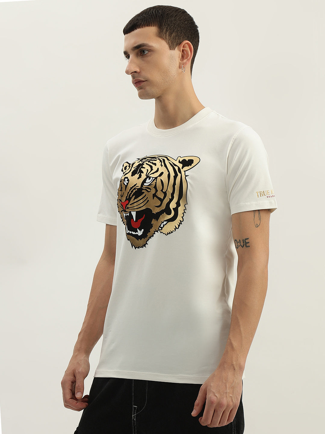 True Religion Men White Printed Round Neck Short Sleeves T-Shirt