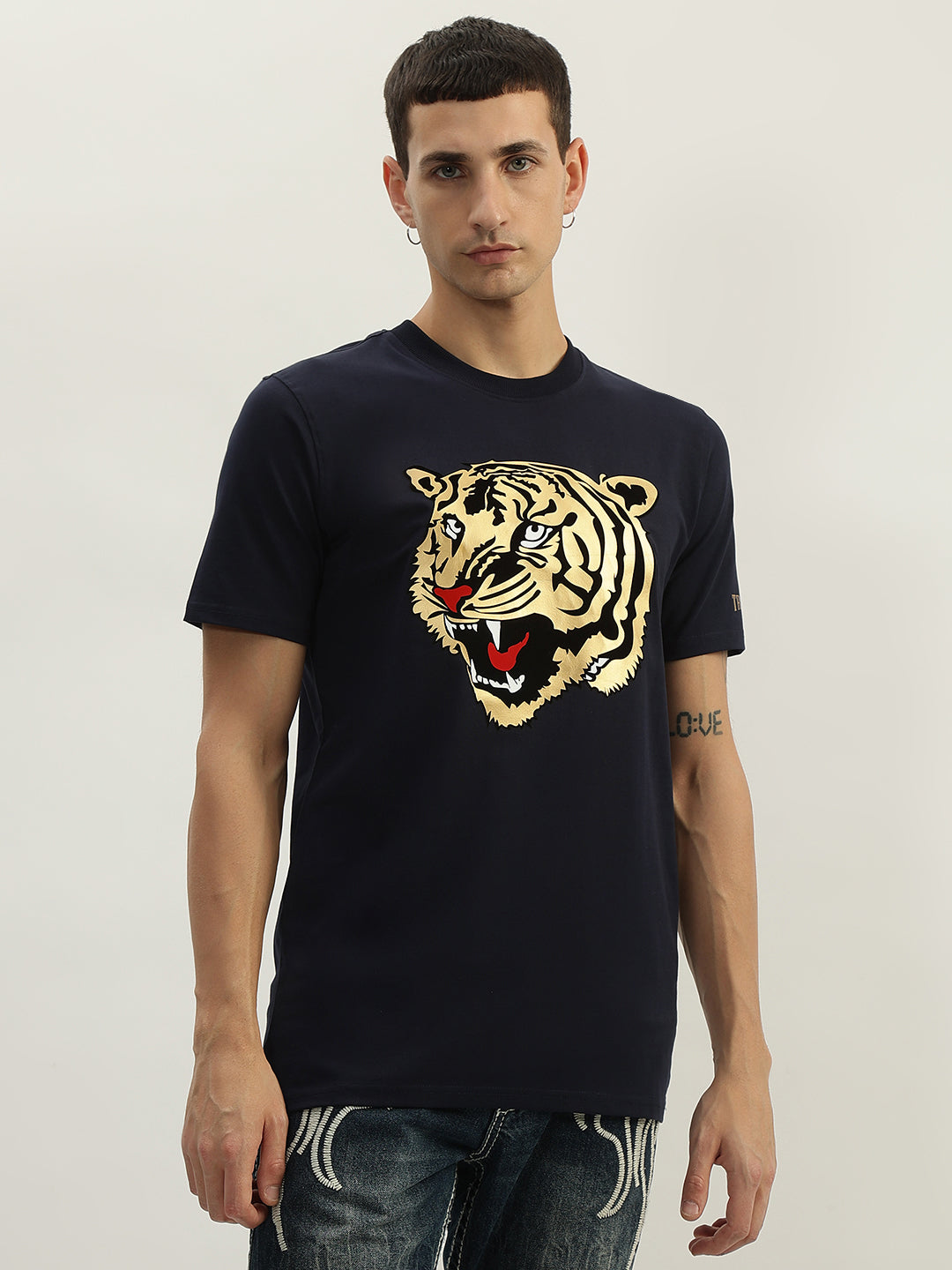 True Religion Men Navy Blue Printed Round Neck Short Sleeves T-Shirt