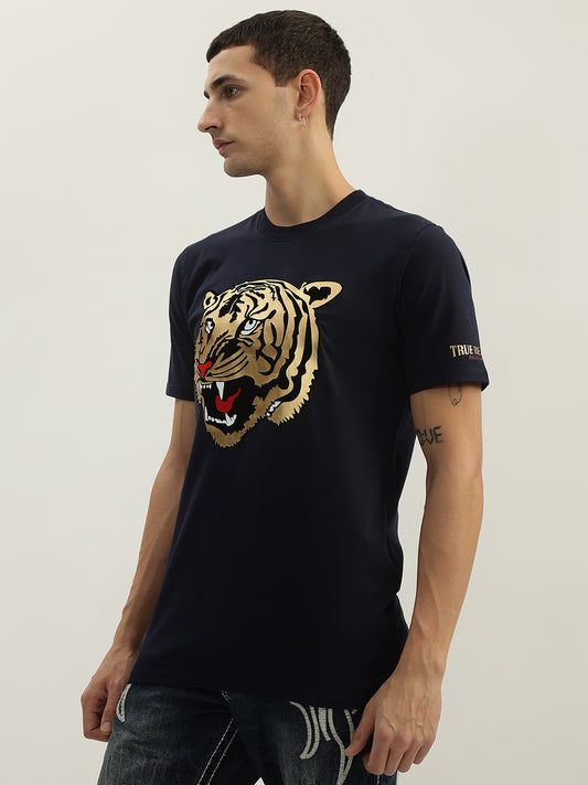 True Religion Men Navy Blue Printed Round Neck Short Sleeves T-Shirt