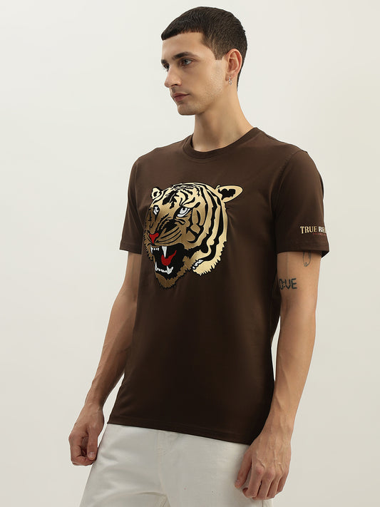 True Religion Men Brown Printed Round Neck Short Sleeves T-Shirt