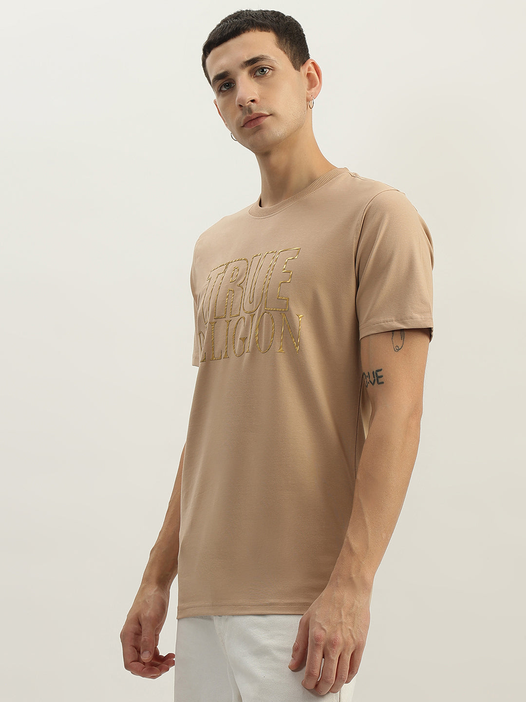 True Religion Men Beige Printed Round Neck Short Sleeves T-Shirt