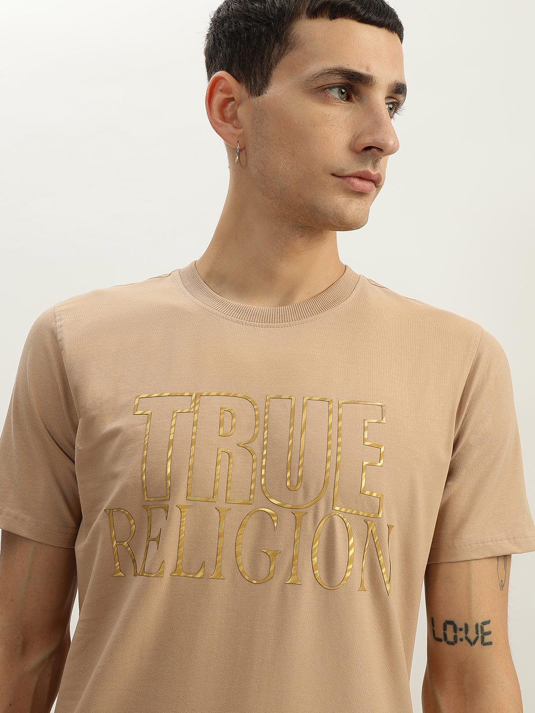 True Religion Men Beige Printed Round Neck Short Sleeves T-Shirt