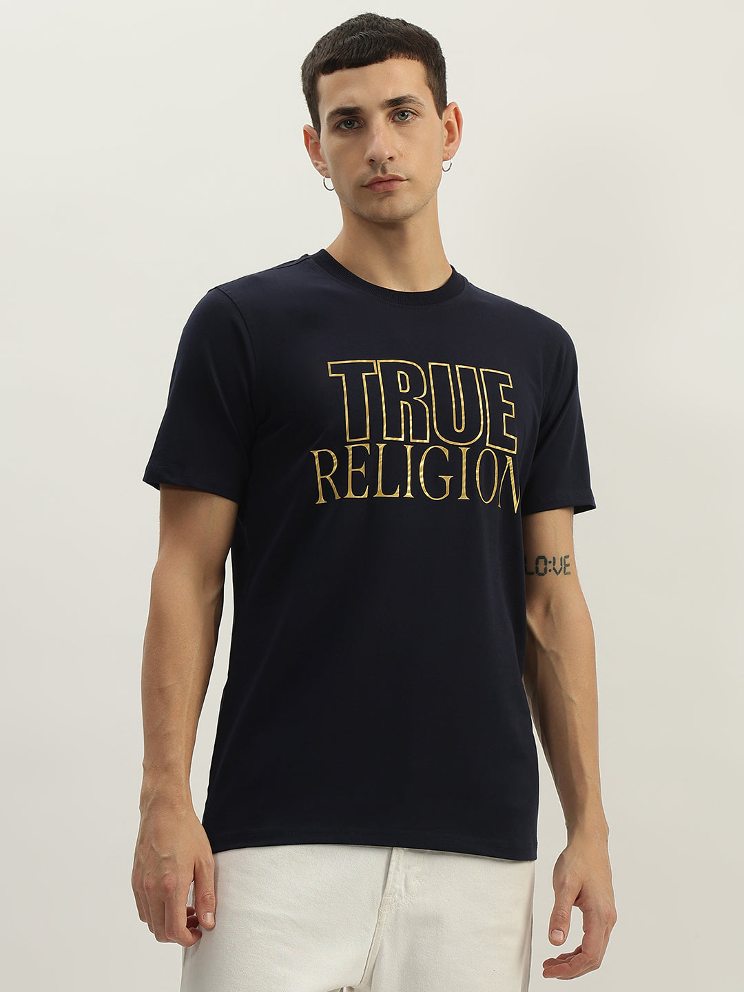 True Religion Men Navy Blue Printed Round Neck Short Sleeves T-Shirt