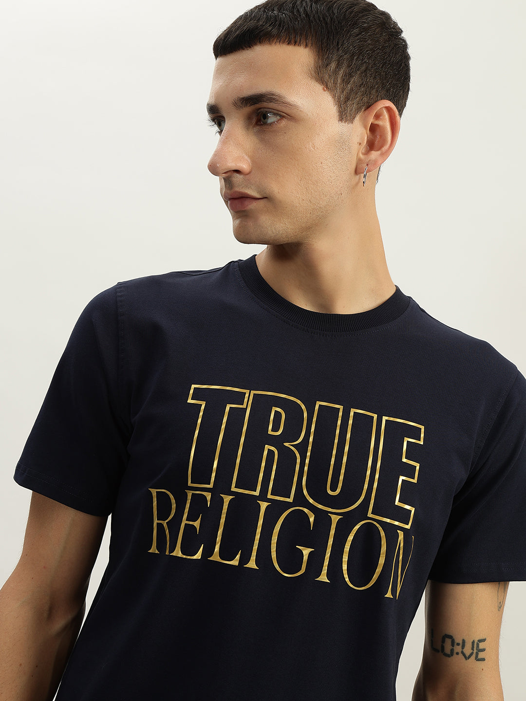 True Religion Men Navy Blue Printed Round Neck Short Sleeves T-Shirt