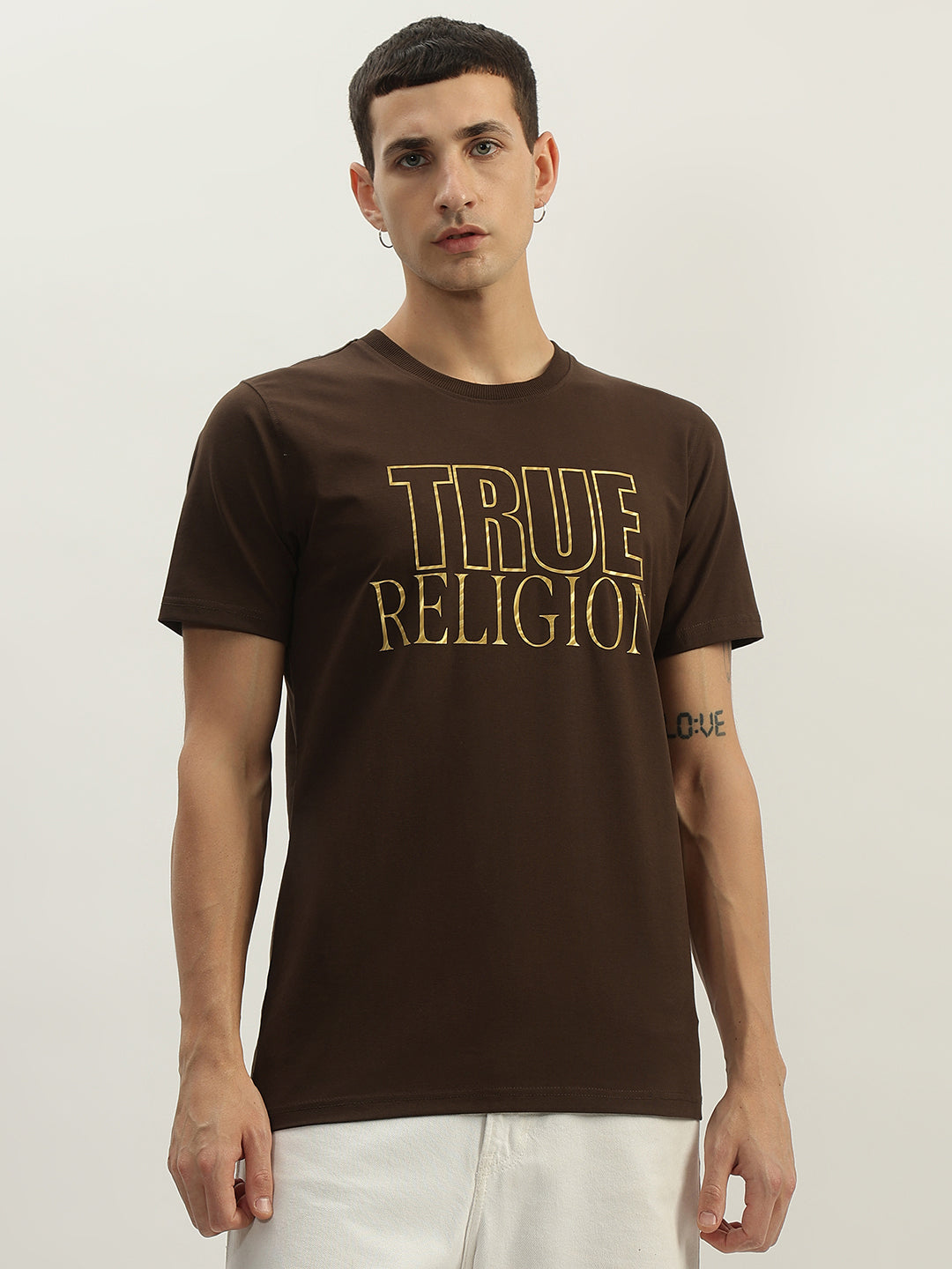 True Religion Men Brown Printed Round Neck Short Sleeves T-Shirt