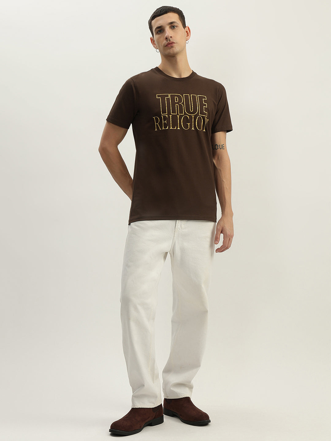 True Religion Men Brown Printed Round Neck Short Sleeves T-Shirt