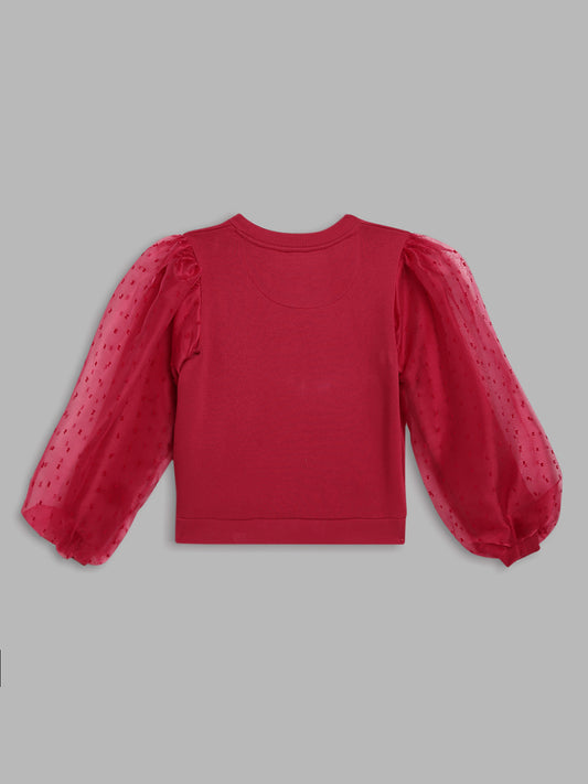 Elle Kids Girls Red Solid Round Neck Sweatshirt