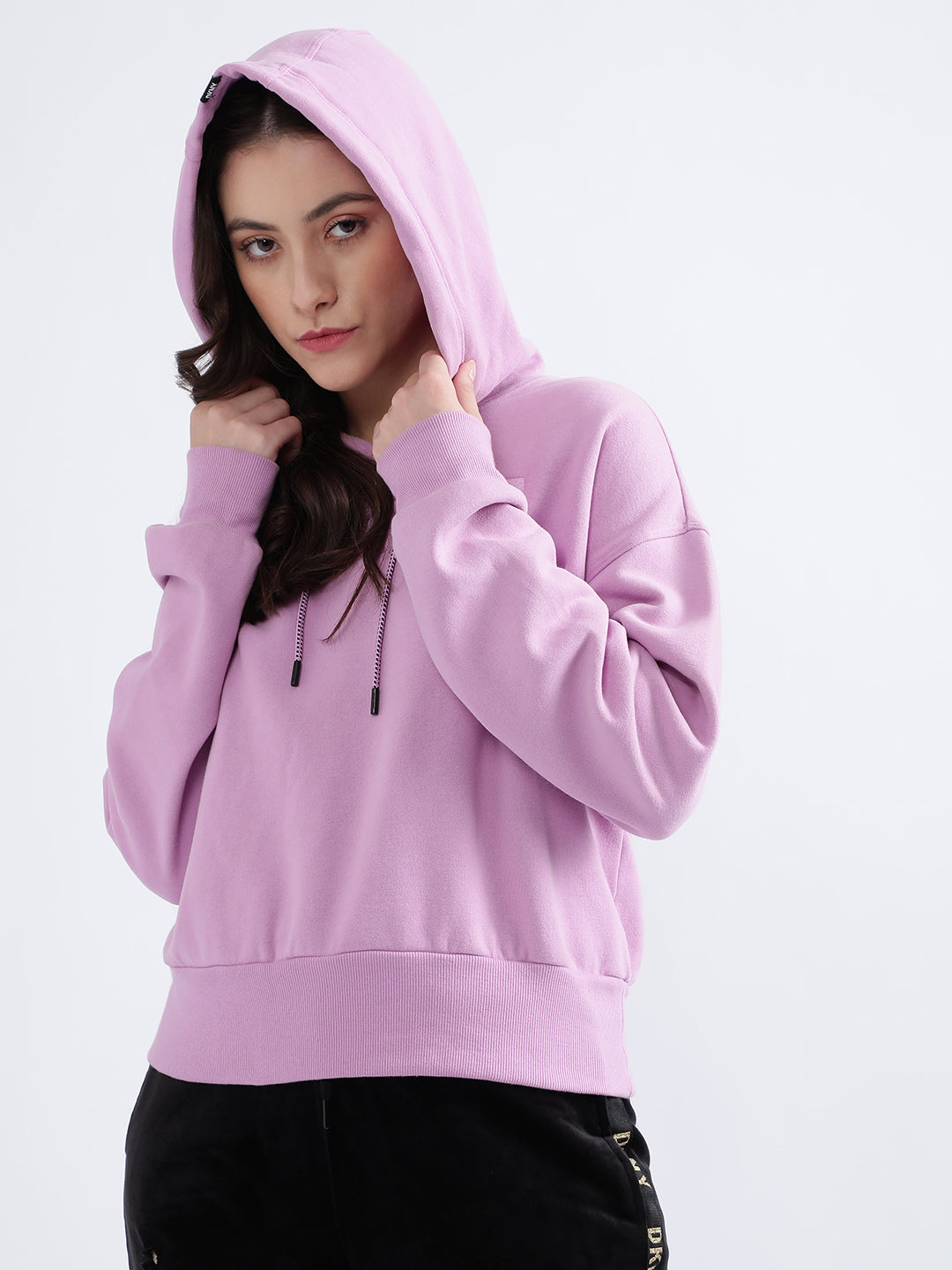 DKNY Women Purple Solid Hooded Sweatshirt