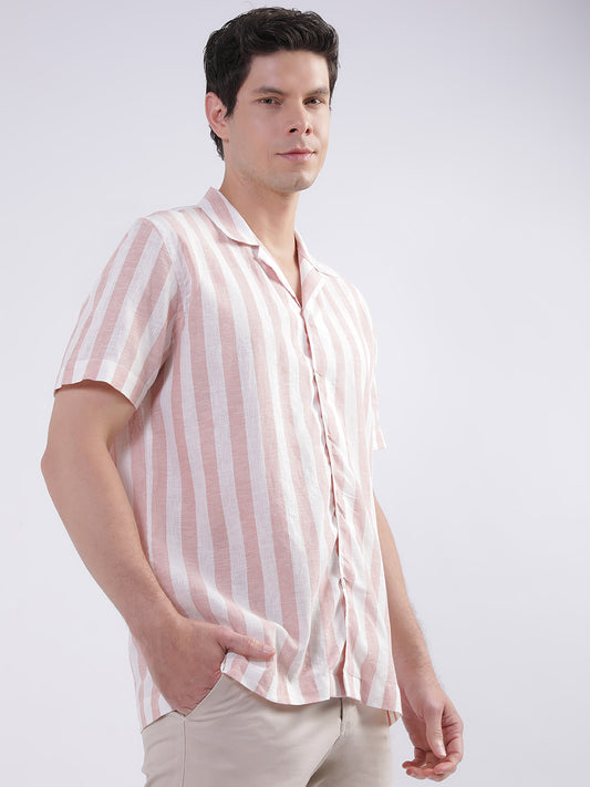 Lindbergh Dark Pink Coral Fashion Striped Slim Fit Shirt