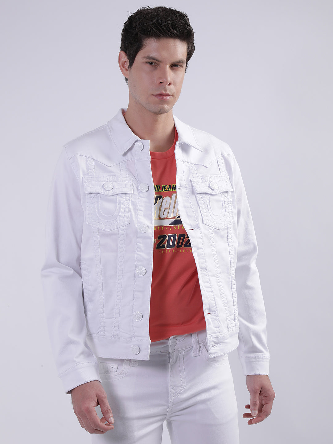 True Religion Men White Solid Collar Jacket