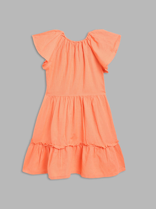 Elle Kids Girls Orange Solid Round Neck Dress